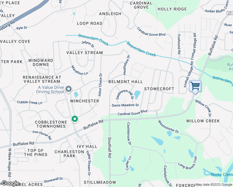 map of restaurants, bars, coffee shops, grocery stores, and more near 4229 Saubranch Hill Street in Raleigh