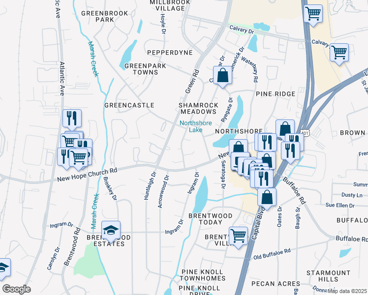 map of restaurants, bars, coffee shops, grocery stores, and more near 4116 Kilcullen Drive in Raleigh