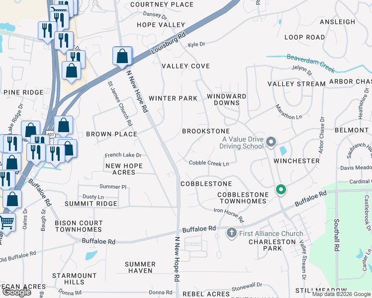 map of restaurants, bars, coffee shops, grocery stores, and more near 4200 Fawn Glen Drive in Raleigh