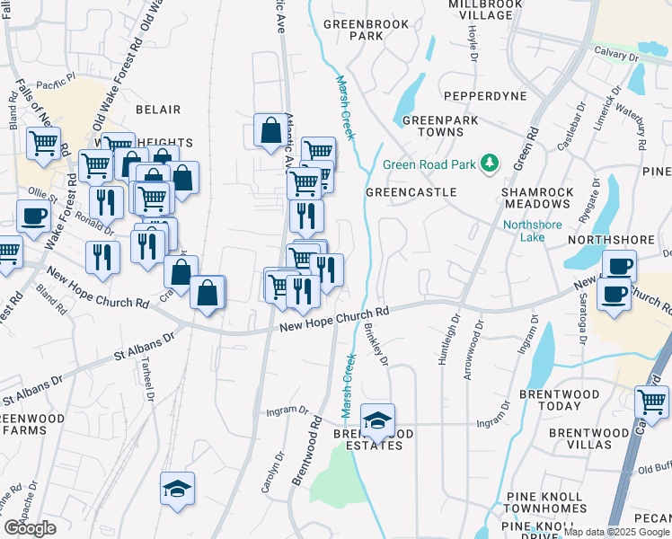 map of restaurants, bars, coffee shops, grocery stores, and more near 3810 Brentwood Road in Raleigh