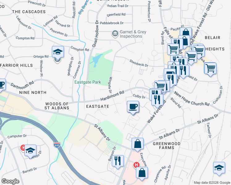 map of restaurants, bars, coffee shops, grocery stores, and more near 1100 Hardimont Road in Raleigh