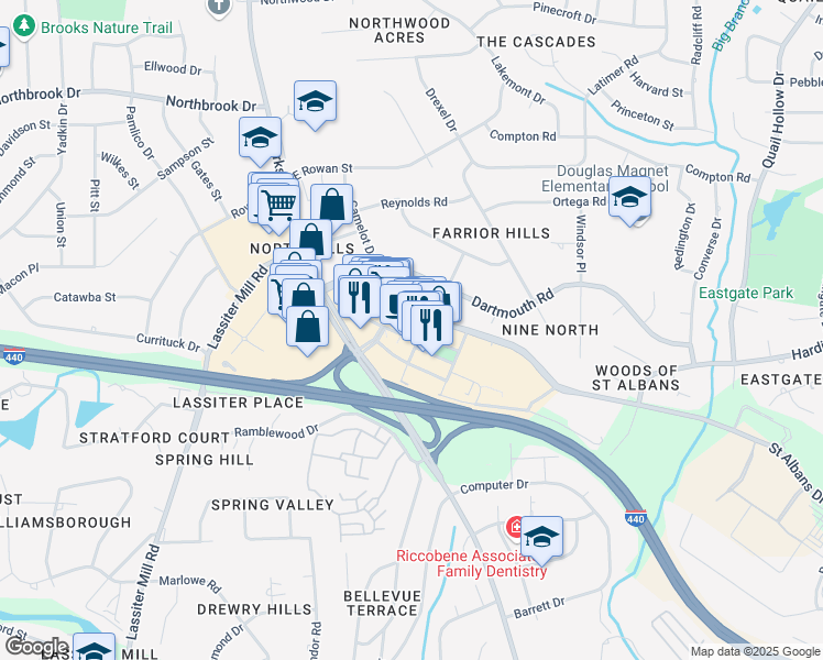 map of restaurants, bars, coffee shops, grocery stores, and more near 4020 Market at North Hills Street in Raleigh