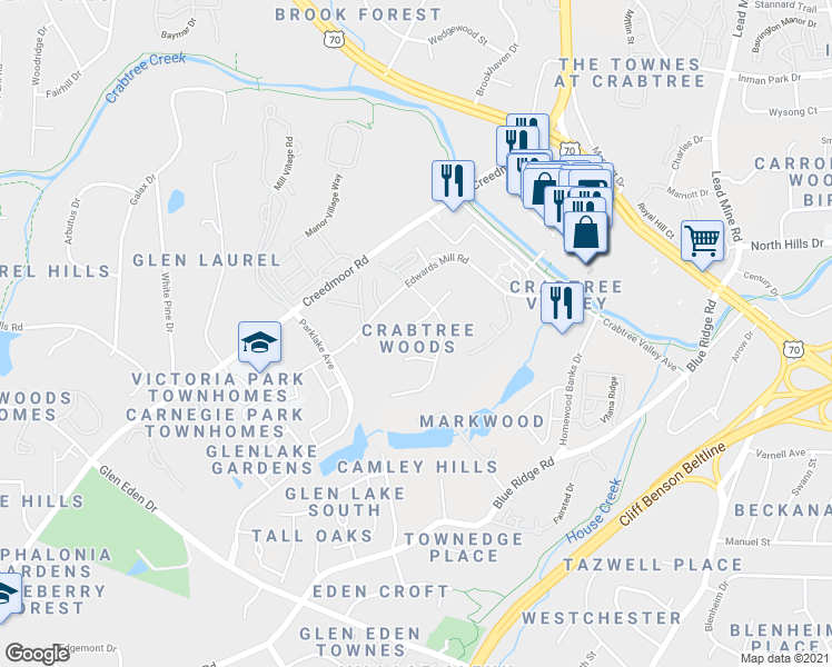 map of restaurants, bars, coffee shops, grocery stores, and more near in Raleigh