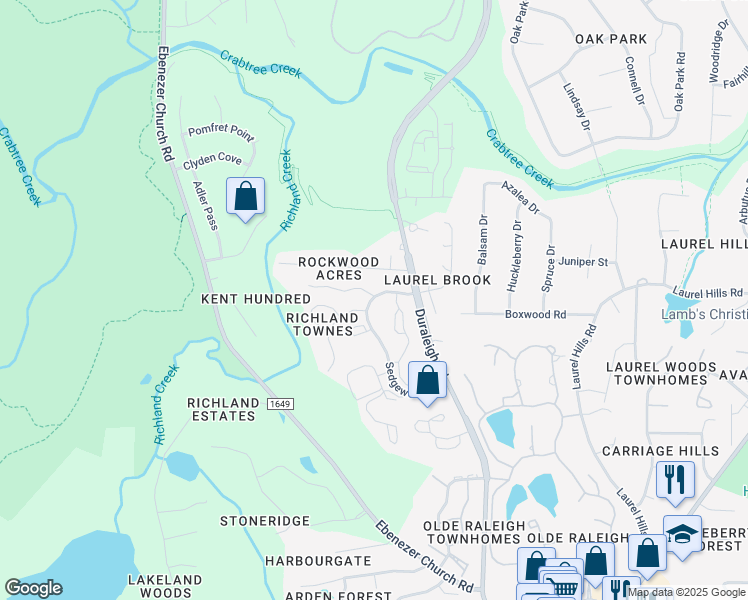 map of restaurants, bars, coffee shops, grocery stores, and more near 4120 Sedgewood Drive in Raleigh
