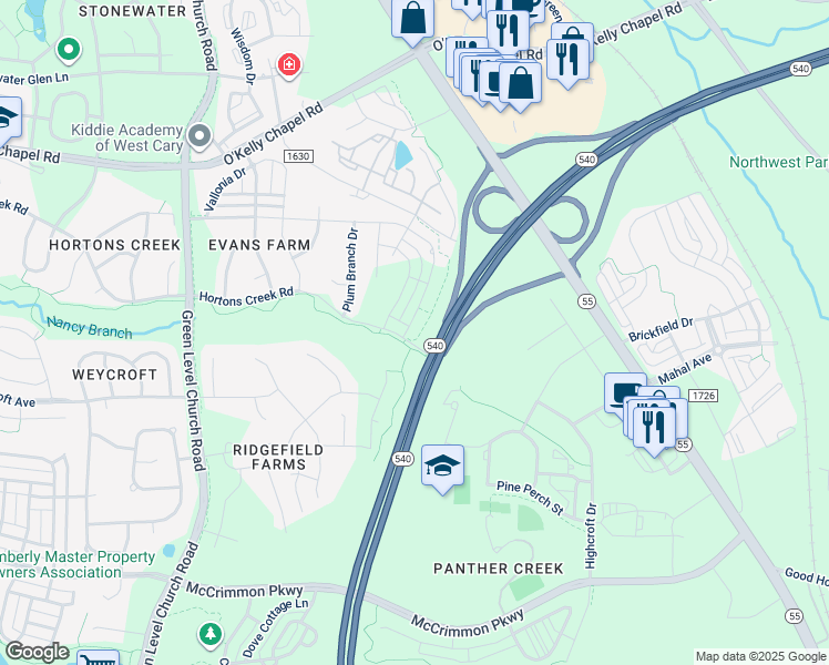 map of restaurants, bars, coffee shops, grocery stores, and more near Western Wake Freeway in Cary