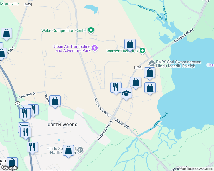 map of restaurants, bars, coffee shops, grocery stores, and more near 133 Southport Drive in Morrisville