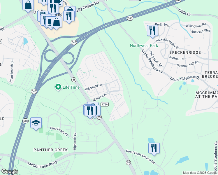 map of restaurants, bars, coffee shops, grocery stores, and more near 321 Firebrick Drive in Cary