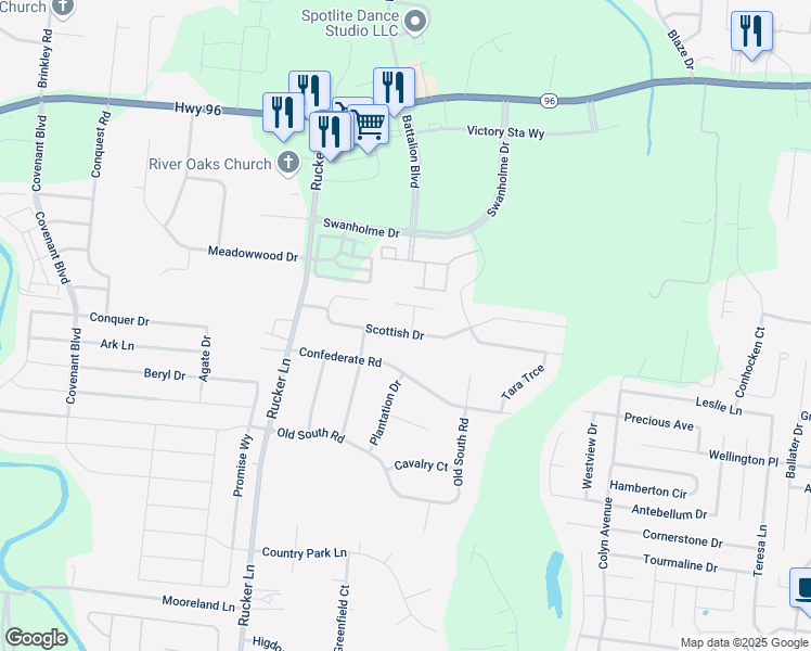 map of restaurants, bars, coffee shops, grocery stores, and more near 4511 Scottish Drive in Murfreesboro