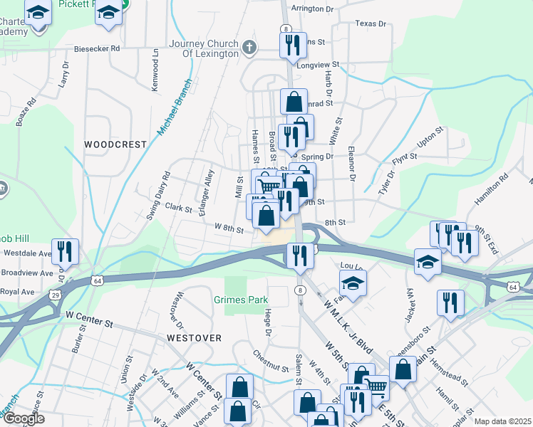 map of restaurants, bars, coffee shops, grocery stores, and more near 848 Winston Road in Lexington