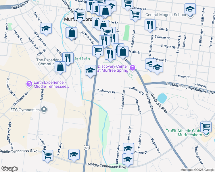 map of restaurants, bars, coffee shops, grocery stores, and more near 123 Rushwood Drive in Murfreesboro