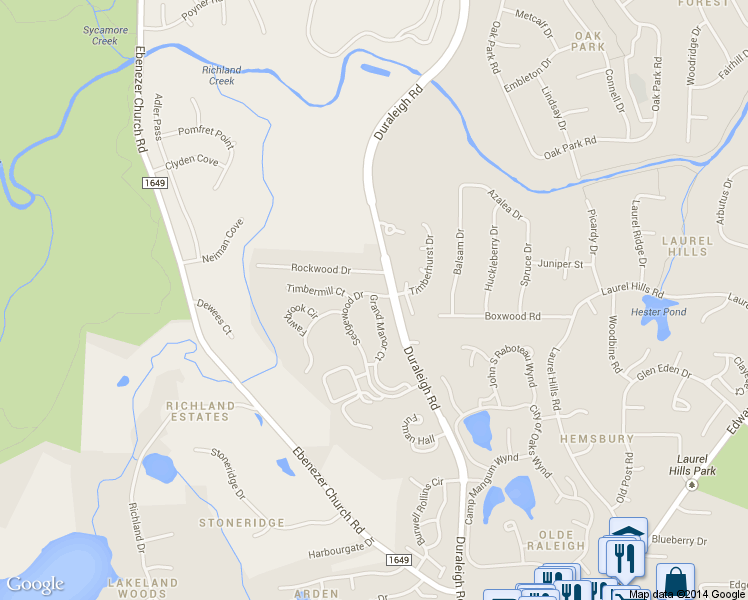 map of restaurants, bars, coffee shops, grocery stores, and more near 4105 Grand Manor Court in Raleigh