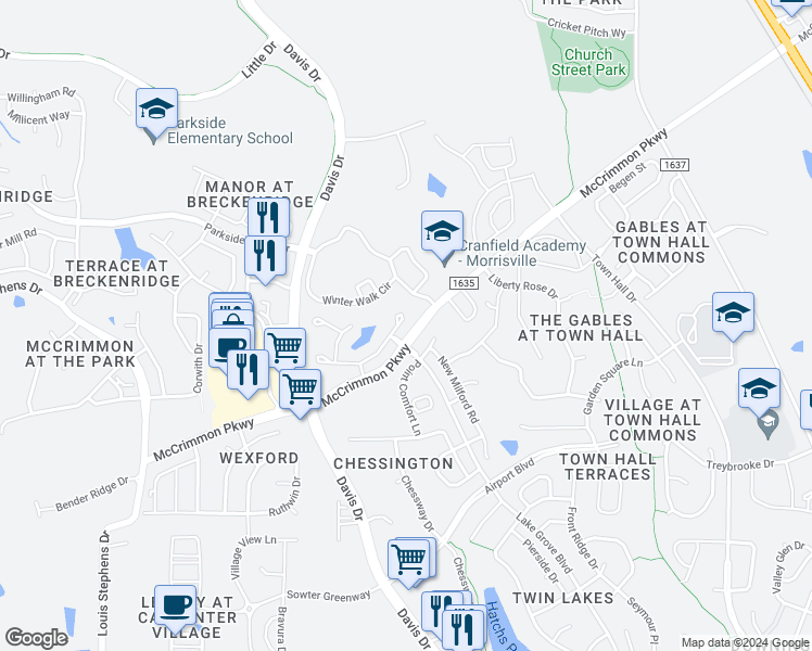 map of restaurants, bars, coffee shops, grocery stores, and more near 419 Berry Chase Way in Cary