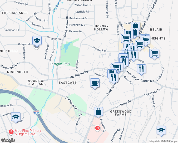 map of restaurants, bars, coffee shops, grocery stores, and more near 1124 Hardimont Road in Raleigh