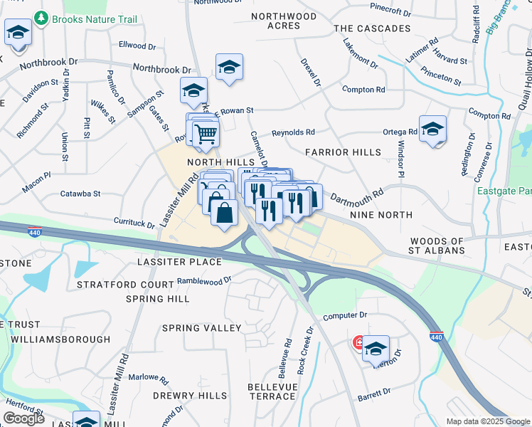 map of restaurants, bars, coffee shops, grocery stores, and more near 4204 Six Forks Road in Raleigh