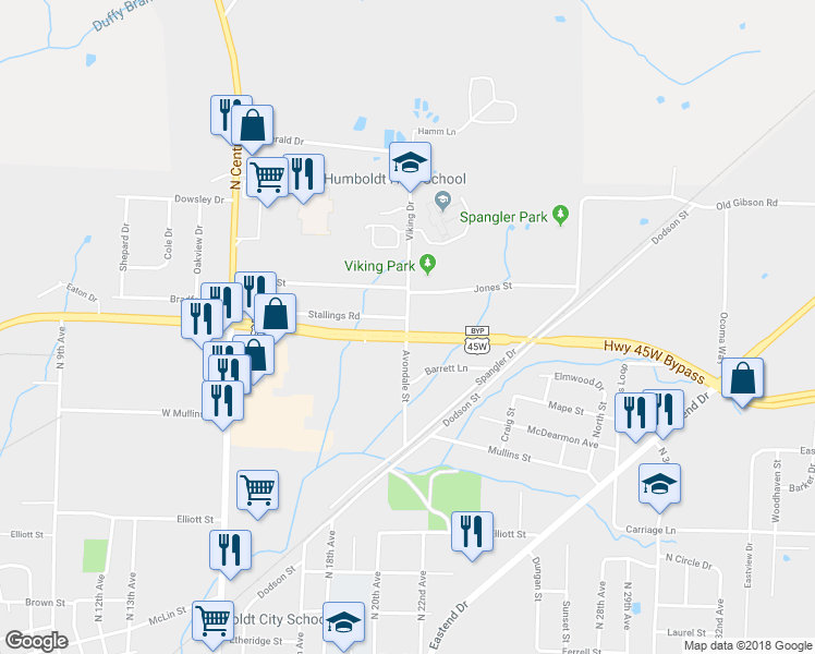 map of restaurants, bars, coffee shops, grocery stores, and more near 1024 Viking Drive in Humboldt