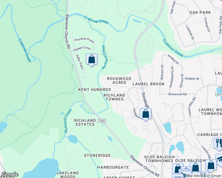 map of restaurants, bars, coffee shops, grocery stores, and more near 4641 Timbermill Court in Raleigh
