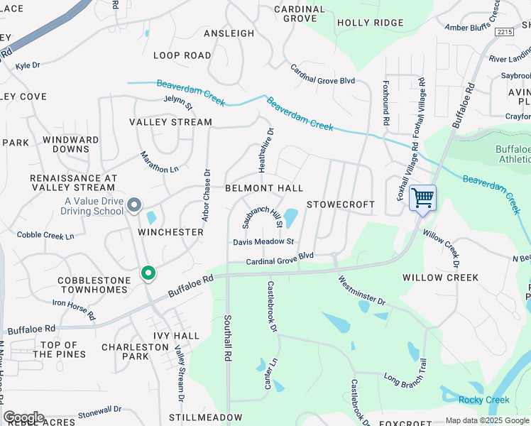 map of restaurants, bars, coffee shops, grocery stores, and more near 4256 Saubranch Hill Street in Raleigh