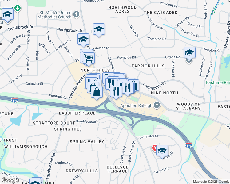 map of restaurants, bars, coffee shops, grocery stores, and more near 142 Park at North Hills Street in Raleigh