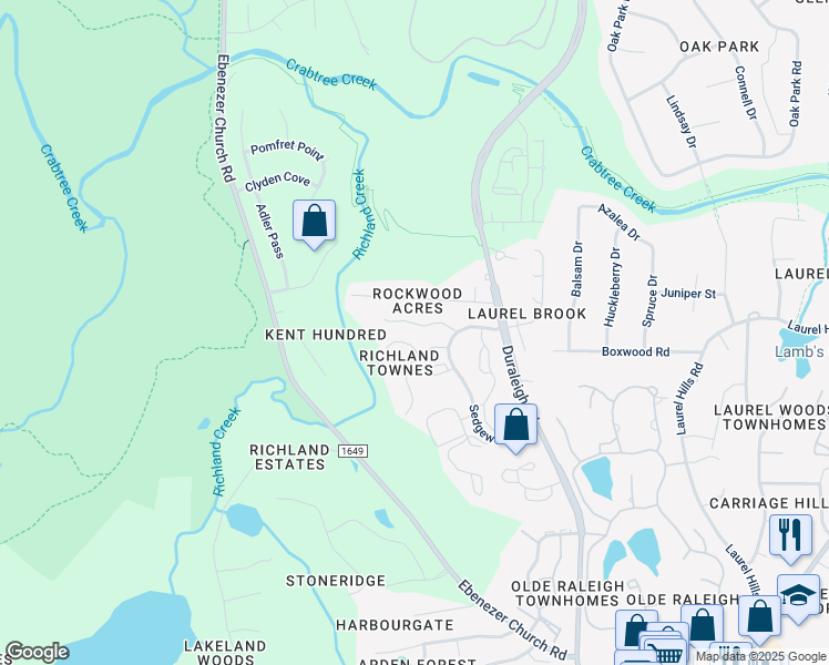 map of restaurants, bars, coffee shops, grocery stores, and more near 4601 Fawnbrook Circle in Raleigh