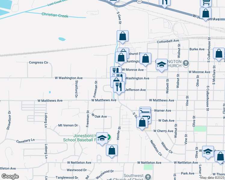 map of restaurants, bars, coffee shops, grocery stores, and more near 717 South Gee Street in Jonesboro