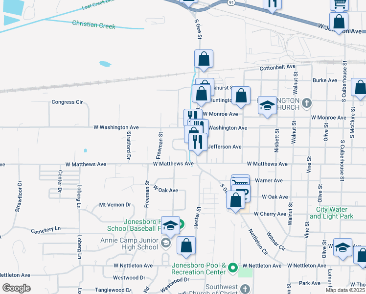 map of restaurants, bars, coffee shops, grocery stores, and more near 705 Meadowbrook Street in Jonesboro