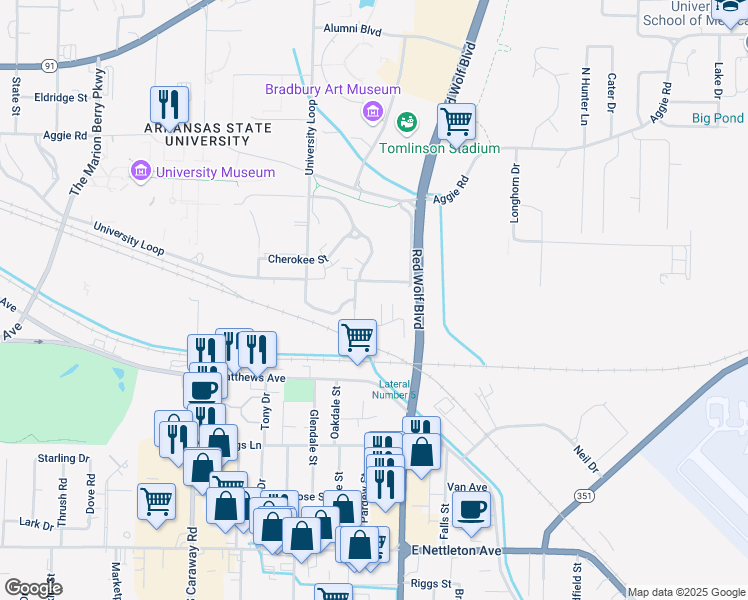 map of restaurants, bars, coffee shops, grocery stores, and more near 2713 Pawnee Street in Jonesboro