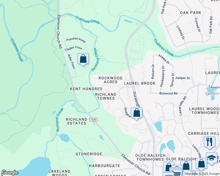 map of restaurants, bars, coffee shops, grocery stores, and more near 4621 Timbermill Court in Raleigh
