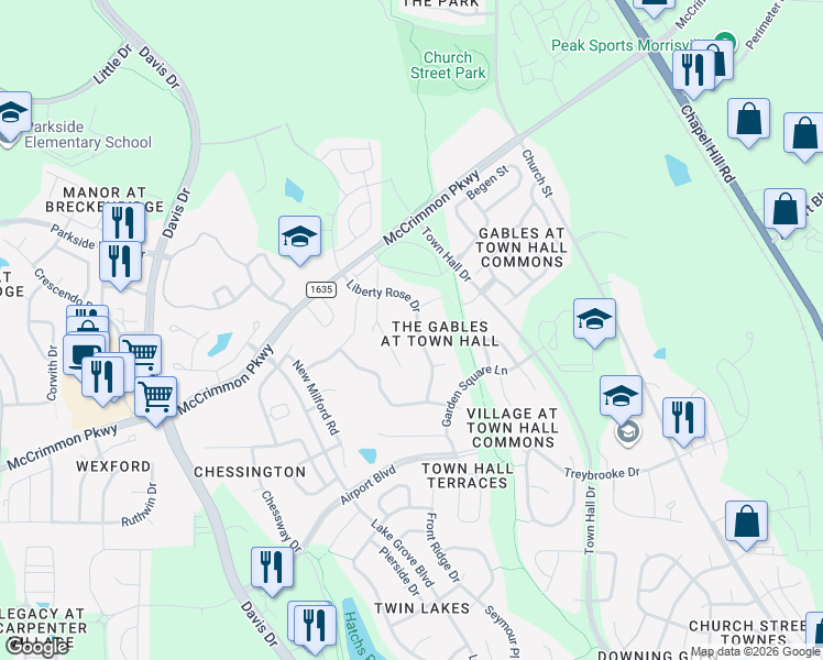 map of restaurants, bars, coffee shops, grocery stores, and more near 5835 Family Farm Road in Morrisville