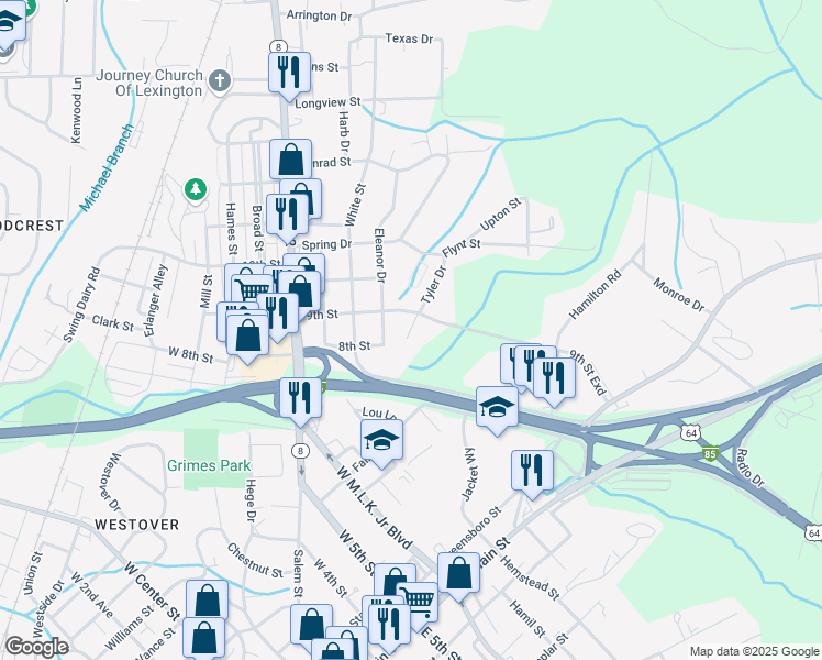 map of restaurants, bars, coffee shops, grocery stores, and more near 309 E 9th Street Ext in Lexington