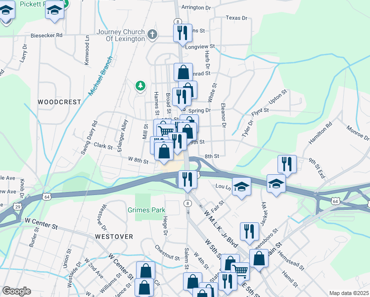 map of restaurants, bars, coffee shops, grocery stores, and more near 848 Winston Road in Lexington