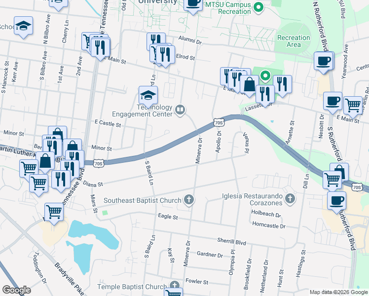 map of restaurants, bars, coffee shops, grocery stores, and more near 1530 Mercury Boulevard in Murfreesboro
