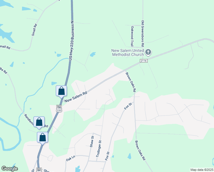 map of restaurants, bars, coffee shops, grocery stores, and more near 602 Northwoods Court in Randleman