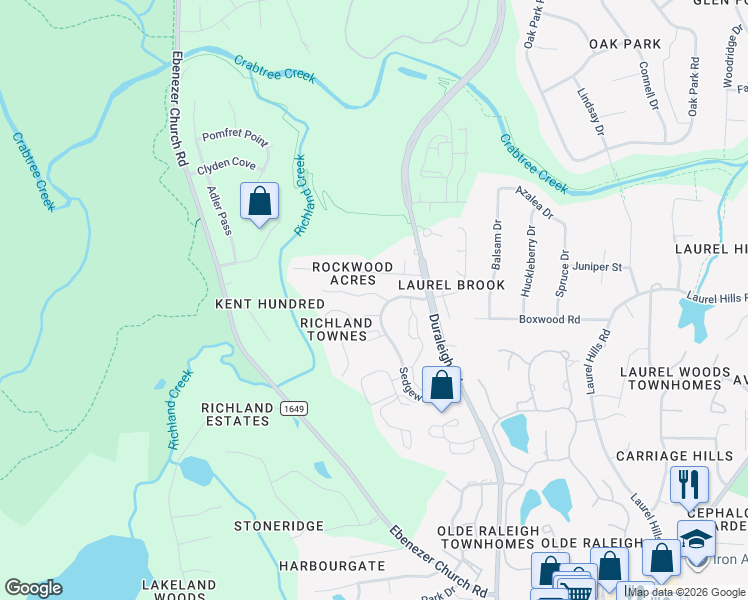 map of restaurants, bars, coffee shops, grocery stores, and more near 4120 Sedgewood Drive in Raleigh