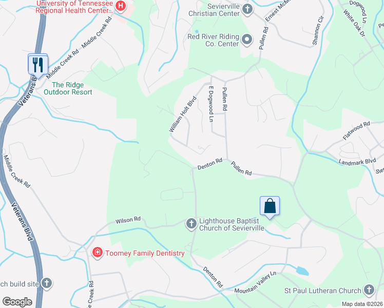 map of restaurants, bars, coffee shops, grocery stores, and more near 1426 William Holt Boulevard in Sevierville
