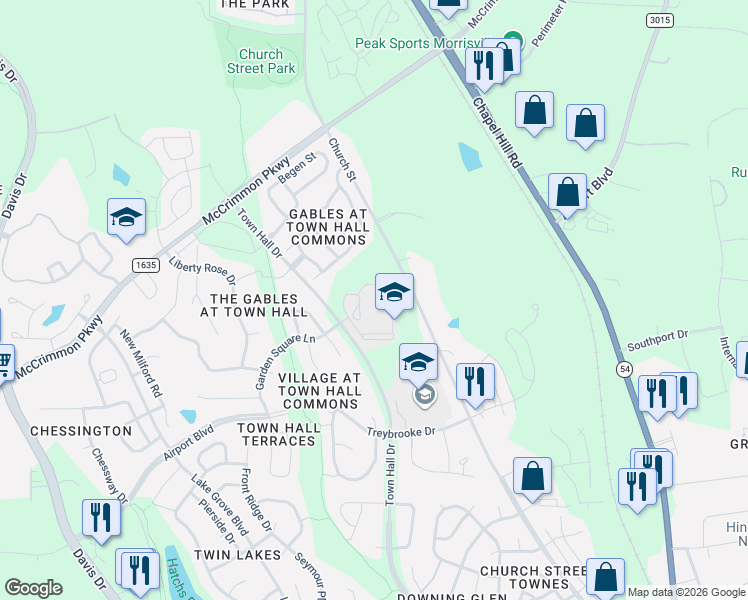 map of restaurants, bars, coffee shops, grocery stores, and more near 1050 Town Hall Dr in Morrisville