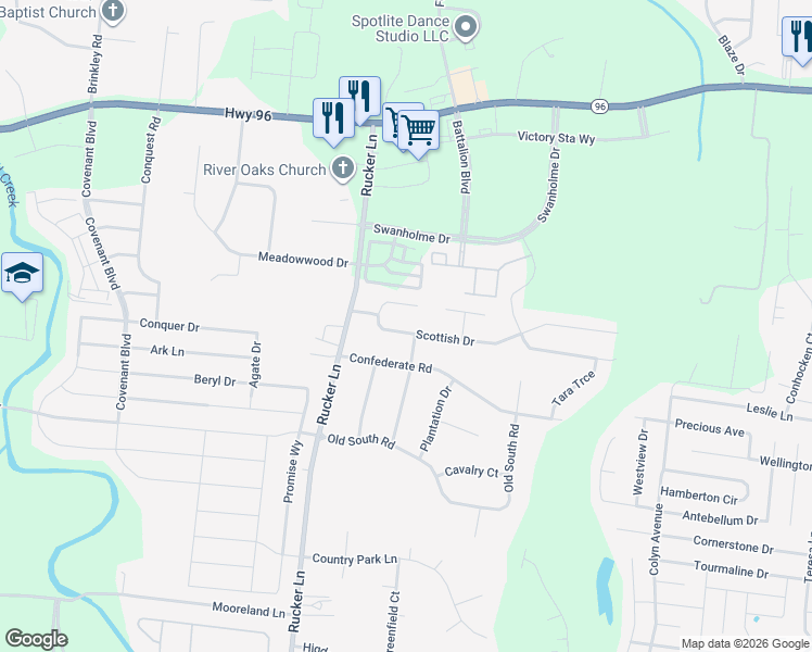 map of restaurants, bars, coffee shops, grocery stores, and more near 4608 Scottish Drive in Murfreesboro