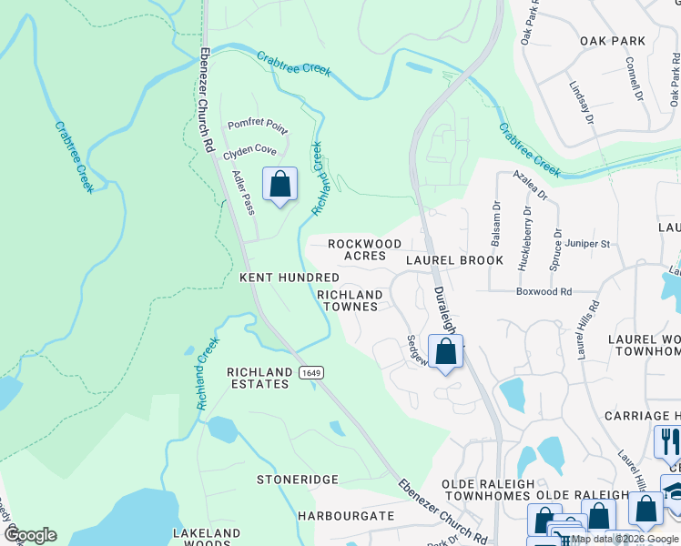 map of restaurants, bars, coffee shops, grocery stores, and more near 4632 Fawnbrook Circle in Raleigh