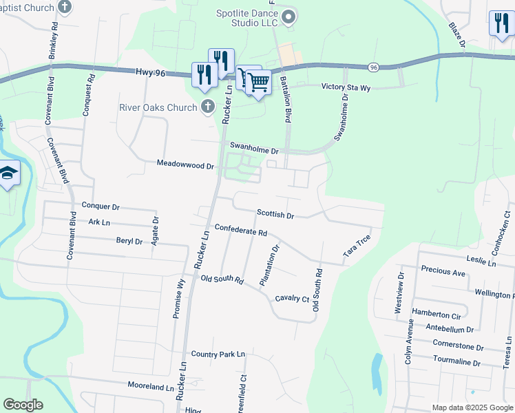 map of restaurants, bars, coffee shops, grocery stores, and more near 4605 Scottish Drive in Murfreesboro