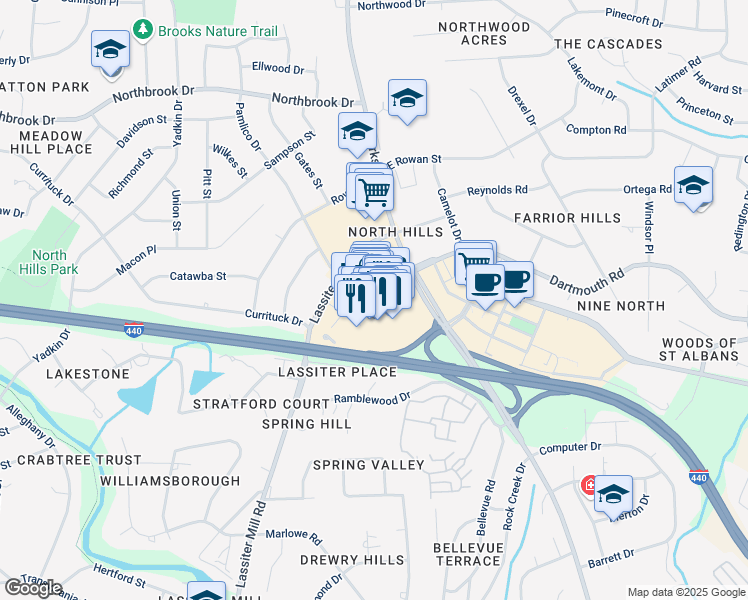 map of restaurants, bars, coffee shops, grocery stores, and more near 4120 Main Street in Raleigh