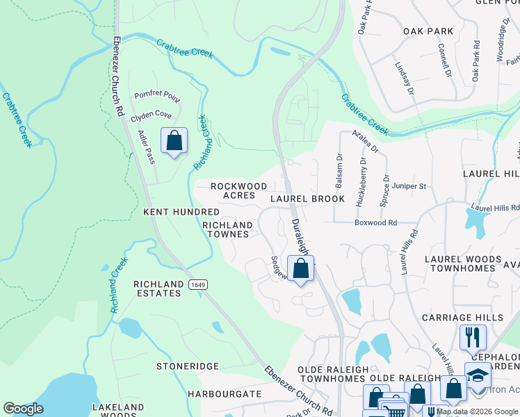map of restaurants, bars, coffee shops, grocery stores, and more near 4120 Sedgewood Drive in Raleigh
