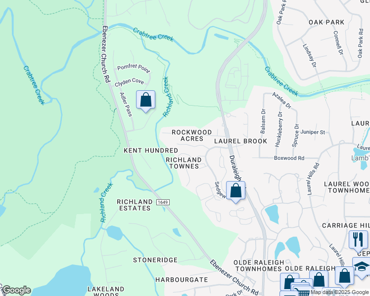 map of restaurants, bars, coffee shops, grocery stores, and more near 4601 Fawnbrook Circle in Raleigh