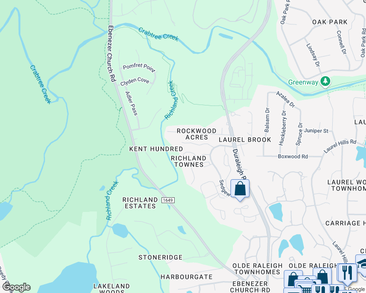 map of restaurants, bars, coffee shops, grocery stores, and more near 4632 Fawnbrook Circle in Raleigh