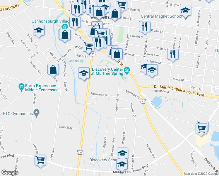 map of restaurants, bars, coffee shops, grocery stores, and more near 303 Rushwood Drive in Murfreesboro