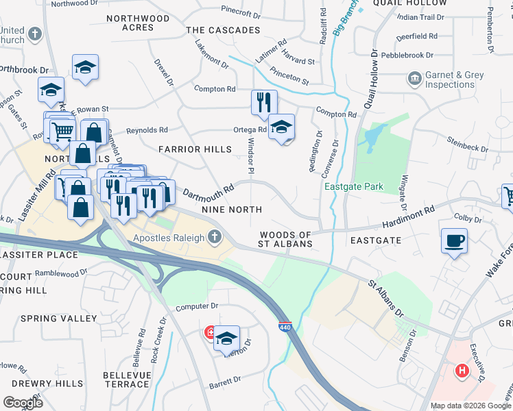 map of restaurants, bars, coffee shops, grocery stores, and more near 4120 Windsor Place in Raleigh
