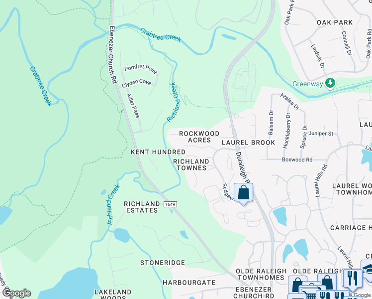 map of restaurants, bars, coffee shops, grocery stores, and more near 4641 Timbermill Court in Raleigh