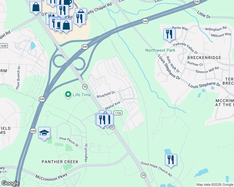 map of restaurants, bars, coffee shops, grocery stores, and more near 4117 Mahal Avenue in Cary