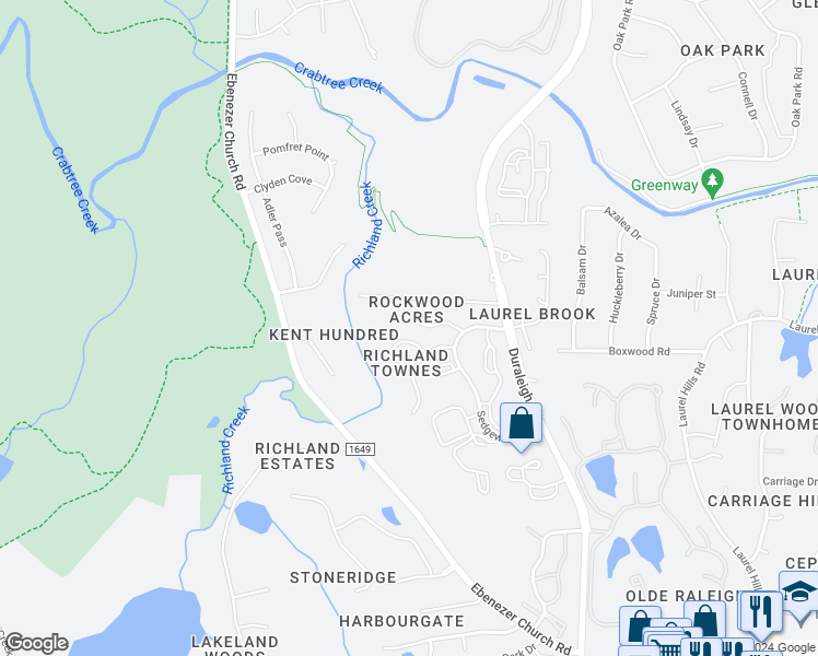 map of restaurants, bars, coffee shops, grocery stores, and more near 4631 Timbermill Court in Raleigh