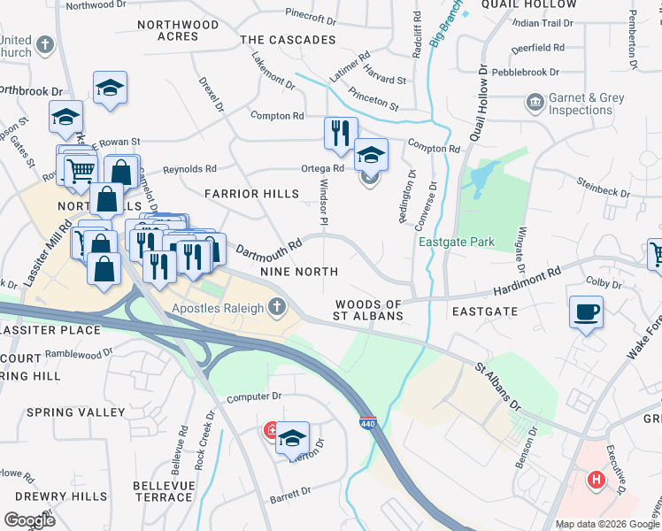 map of restaurants, bars, coffee shops, grocery stores, and more near 4120 Windsor Place in Raleigh