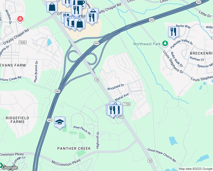 map of restaurants, bars, coffee shops, grocery stores, and more near 1411 Kiln Court in Cary