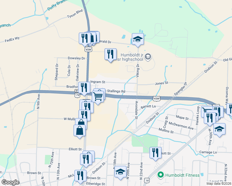 map of restaurants, bars, coffee shops, grocery stores, and more near 1800 Ingram Street in Humboldt
